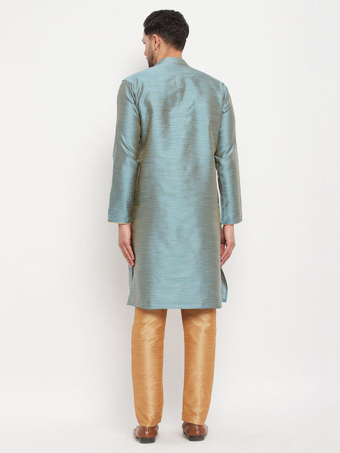 Vastramay Men's Aqua Blue Silk Blend Kurta and Rose Gold Pant Style Pyjama Set